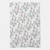 Donkergroene naalden rode holly Berries Patroon Theedoek (Verticaal)