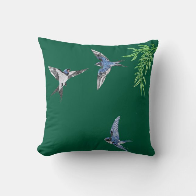 Donkergroene namaak geborduurde vogel kussen (Voorkant)