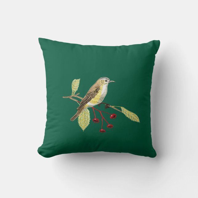 Donkergroene namaak geborduurde vogel kussen (Voorkant)