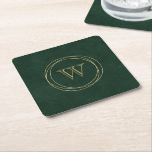 Donkergroene namaakleer gouden cirkels monogram kartonnen onderzetters