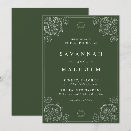 Donkergroene olijf | stijl bruiloft kaart (Voorkant / Achterkant)