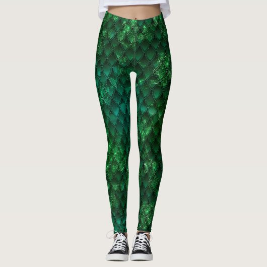 Donkergroene Ombre & Glitters Draak Schubben Leggings (Voorkant)