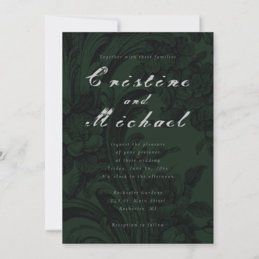 Donkergroene ornamental elegant script bruiloft kaart (Voorkant)
