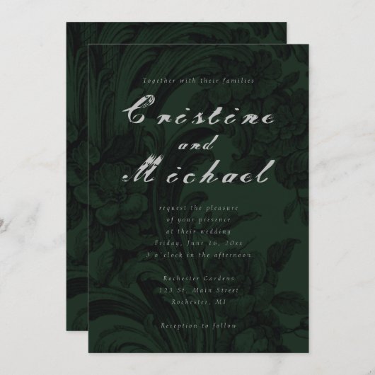 Donkergroene ornamental elegant script bruiloft kaart (Voorkant / Achterkant)