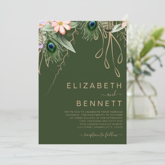 Donkergroene Peacock Fether Wedding Kaart (Staand voorkant)
