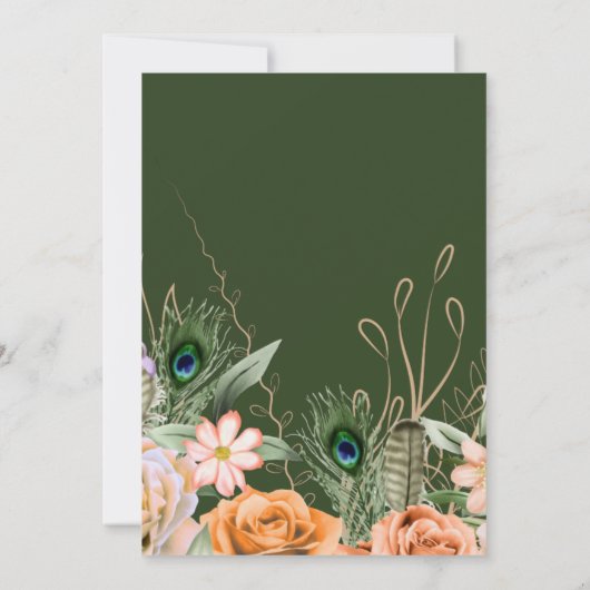 Donkergroene Peacock Fether Wedding Kaart (Achterkant)