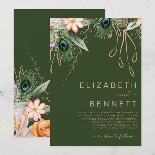 Donkergroene Peacock Fether Wedding Kaart (Voorkant / Achterkant)