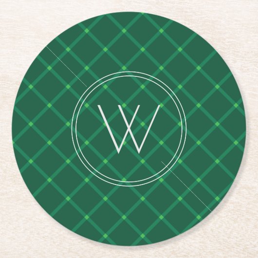 Donkergroene pleisterkalk aangepast monogram ronde kartonnen onderzetter (Voorkant)
