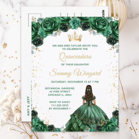 Donkergroene prinses Floral Quinceañera Briefkaart
