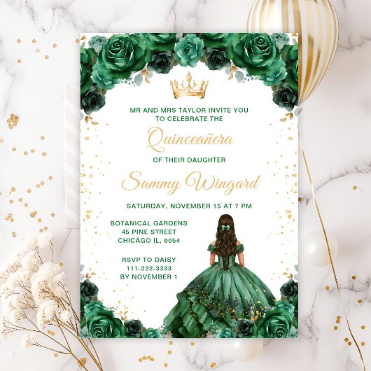 Donkergroene prinses Floral Quinceañera Kaart