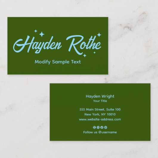 Donkergroene Retro Typografie Sterren Visitekaartje (Voorkant / Achterkant)