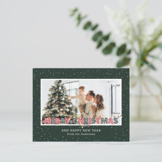 Donkergroene rode sneeuwkerstverlichting Foto Feestdagenkaart (Staand voorkant)