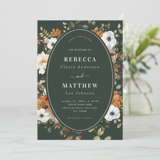 Donkergroene Romantische Boho Floral Botanical Wed Kaart (Staand voorkant)