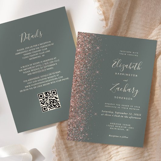 Donkergroene salie roosgoud glitters QR-code bruil Kaart