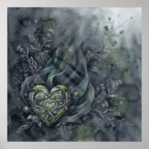 Donkergroene Schotse Tartan Keltische Hart Distel  Poster