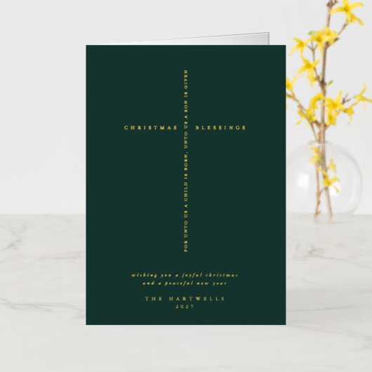 Donkergroene Schrift Cross Kerstmis / Vakantie Folie Wenskaart (Gele Bloem)