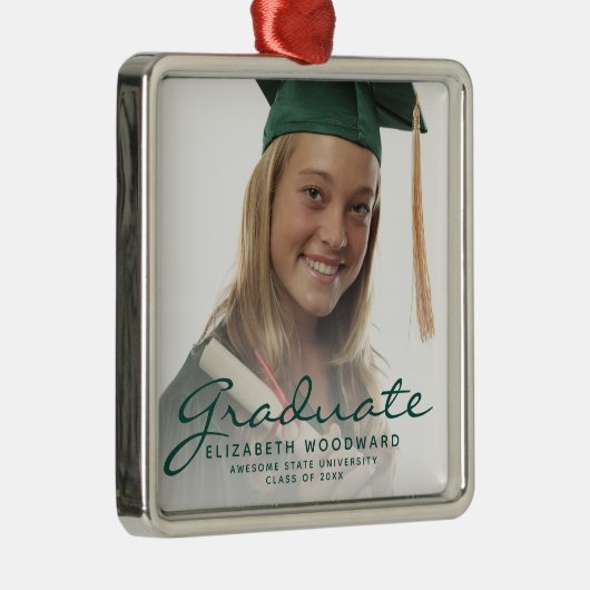 Donkergroene script Afstuderen foto-toets Metalen Ornament (Rechts)