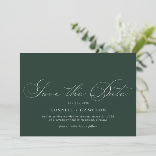 Donkergroene smaragd | Modern  formeel script Save The Date (Staand voorkant)