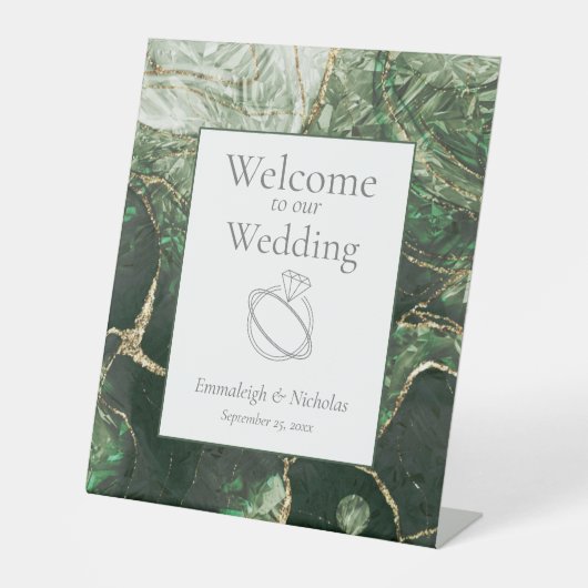 Donkergroene smaragdgroene edelsteen bruiloft reclamebord met voetstuk (Voorkant)