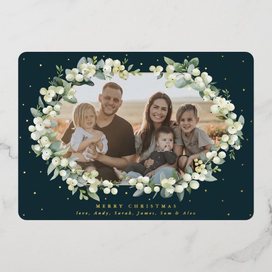 Donkergroene sneeuwbes + kerstfoto met eucalyptus folie feestdagenkaart (Voorkant)