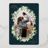 Donkergroene snowberry+Eucalyptus kerstfoto Folie Feestdagenkaart (Voorkant)