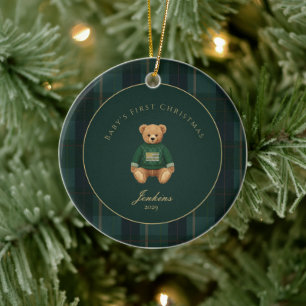 Donkergroene Tartan Plaid Baby Eerste Kerstmis Keramisch Ornament