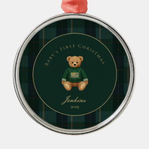 Donkergroene Tartan Plaid Baby Eerste Kerstmis Metalen Ornament