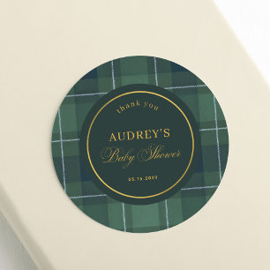 Donkergroene Tartan Polo Plaid Baby Shower Bedankt Ronde Sticker