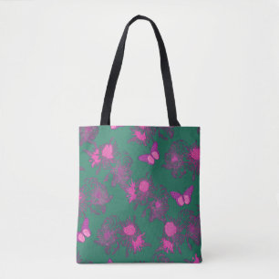 Donkergroene tas met hete roze bloemen