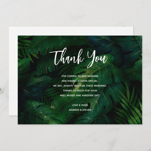 Donkergroene tropische bladeren patroon bruiloft bedankkaart (Voorkant / Achterkant)