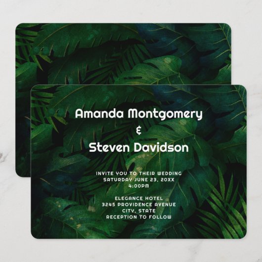 Donkergroene tropische bladeren patroon bruiloft kaart (Voorkant / Achterkant)