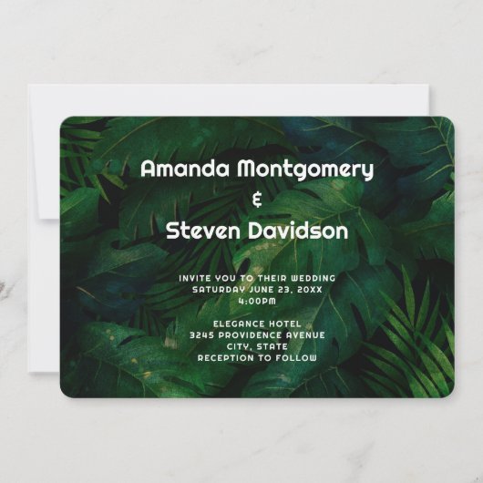 Donkergroene tropische bladeren patroon bruiloft kaart (Voorkant)