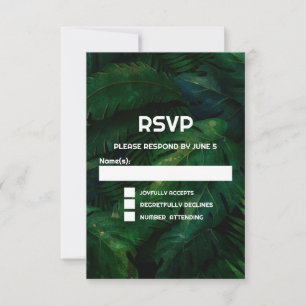 Donkergroene tropische bladeren patroon bruiloft RSVP kaartje