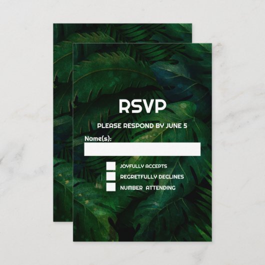 Donkergroene tropische bladeren patroon bruiloft RSVP kaartje (Voorkant / Achterkant)