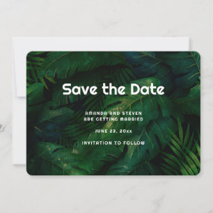 Donkergroene tropische bladeren patroon bruiloft save the date