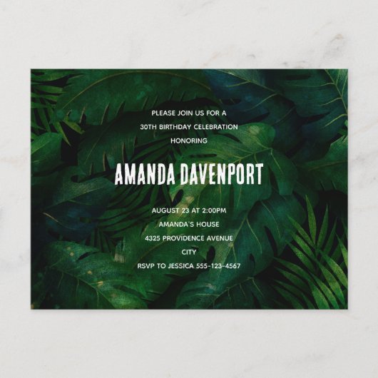 Donkergroene tropische bladeren verjaardagsuitnodi briefkaart (Voorkant)