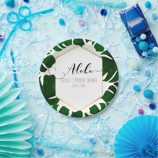 Donkergroene tropische bladeren White & Gold Weddi Papieren Bordje (Feest)