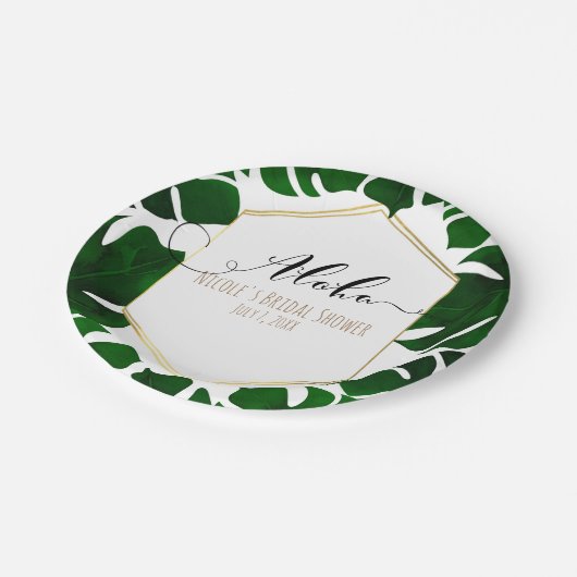 Donkergroene tropische bladeren White & Gold Weddi Papieren Bordje (Gekanteld)