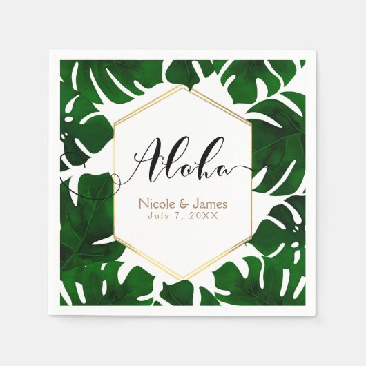 Donkergroene tropische bladeren White & Gold Weddi Servetten (Voorkant)