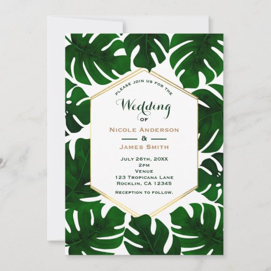 Donkergroene tropische bladeren wit & goud bruilof kaart (Voorkant)