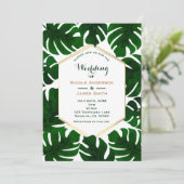 Donkergroene tropische bladeren wit & goud bruilof kaart (Staand voorkant)