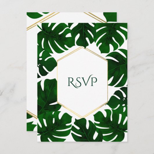 Donkergroene tropische bladeren wit goud bruiloft uitnodiging briefkaart (Voorkant / Achterkant)