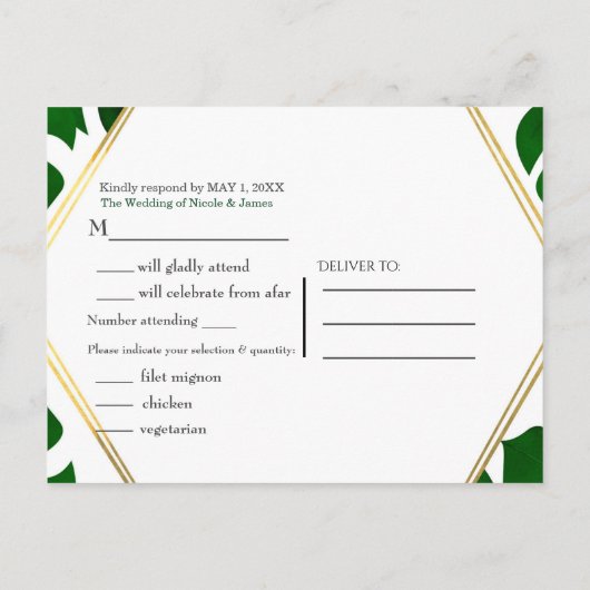 Donkergroene tropische bladeren wit goud bruiloft uitnodiging briefkaart (Achterkant)