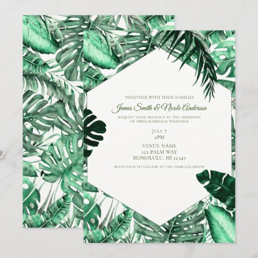 Donkergroene tropische palmbladeren zomerbruiloft kaart (Voorkant / Achterkant)
