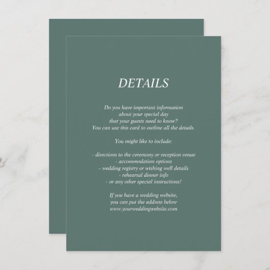 Donkergroene trouwdetails/informatiekaart informatiekaartje (Voorkant / Achterkant)