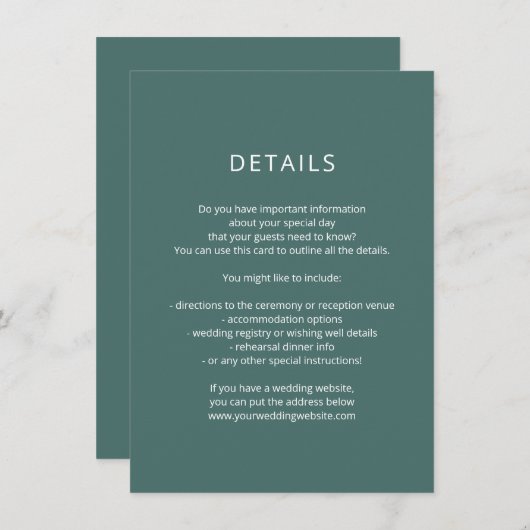 Donkergroene trouwdetails kaart modern lettertype (Voorkant / Achterkant)