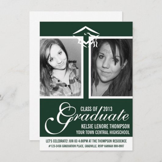 Donkergroene twee foto Afstuderen Pet en script Kaart (Voorkant / Achterkant)