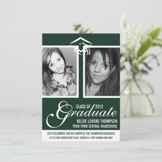 Donkergroene twee foto Afstuderen Pet en script Kaart (Staand voorkant)