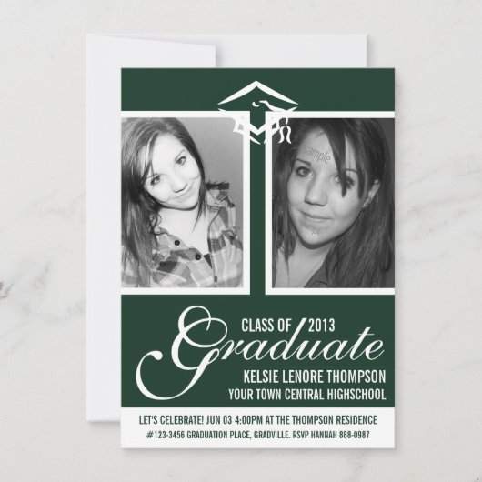 Donkergroene twee foto Afstuderen Pet en script Kaart (Voorkant)