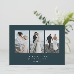 Donkergroene Ultra Minimale Triple Photo Wedding F Bedankkaart